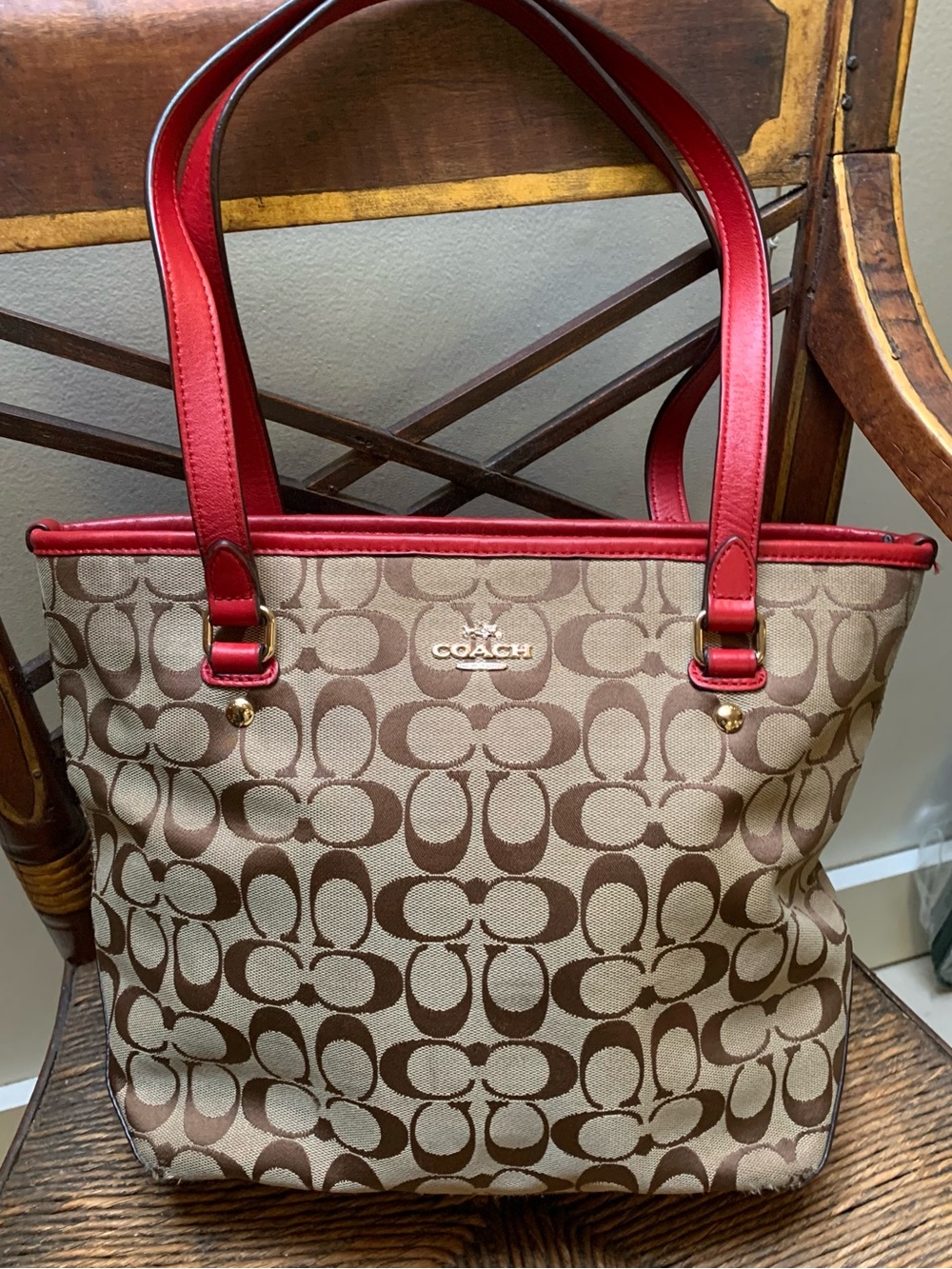 Coach Beige Signature Canvas Tote with Red Leather Trim